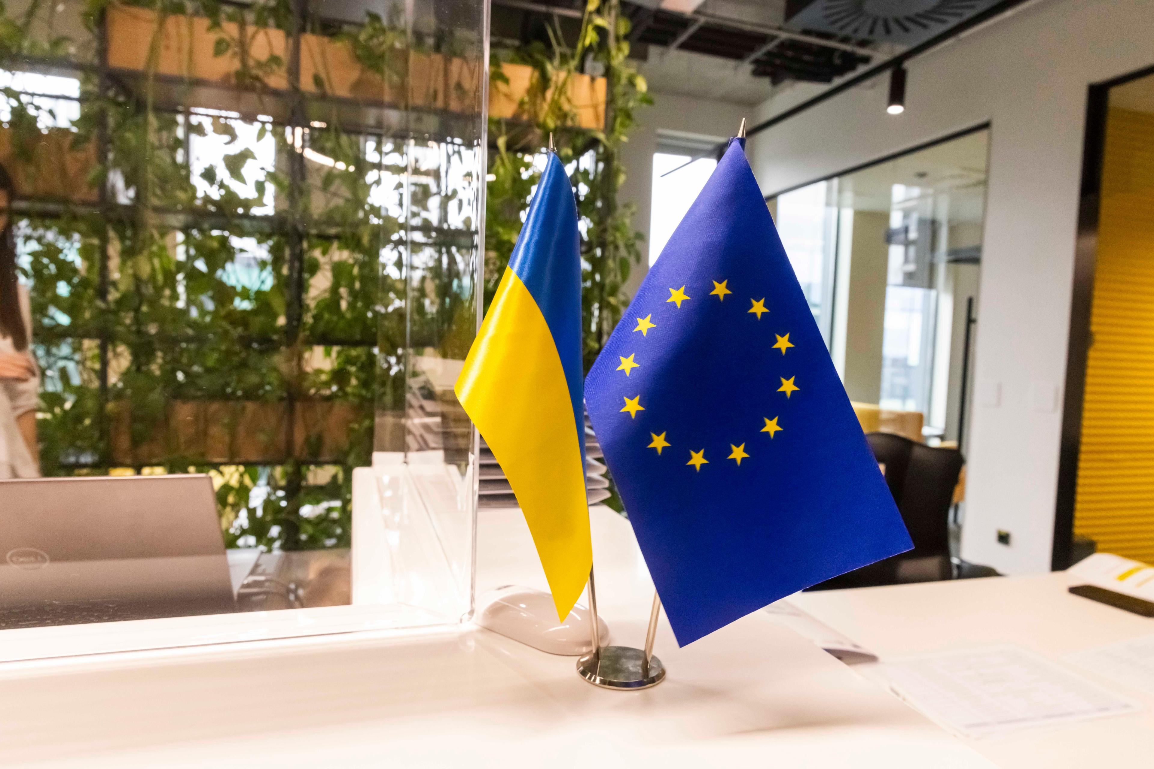 Прапори України та ЄС на столі