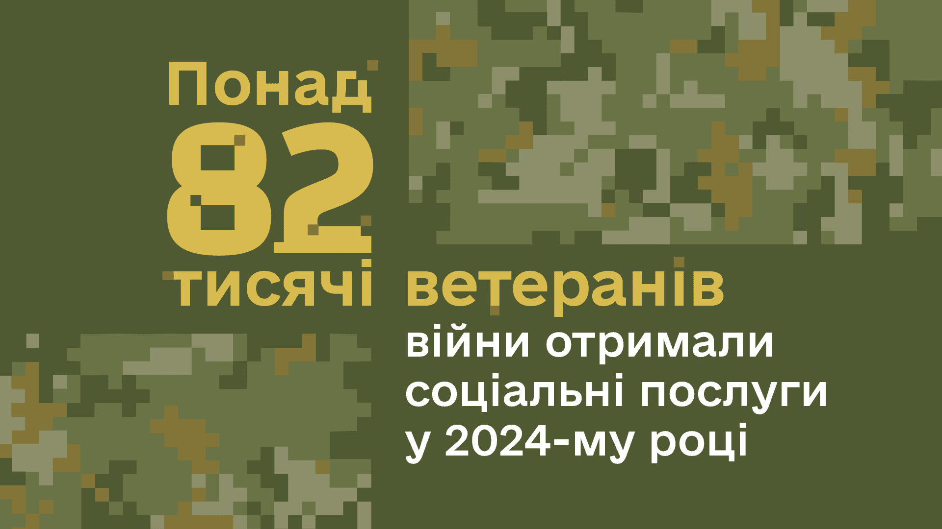 На темнозеленому фоні напис "Понад 82 тисячі ветеранів війни отримали соціальні послуги у 2024 році"