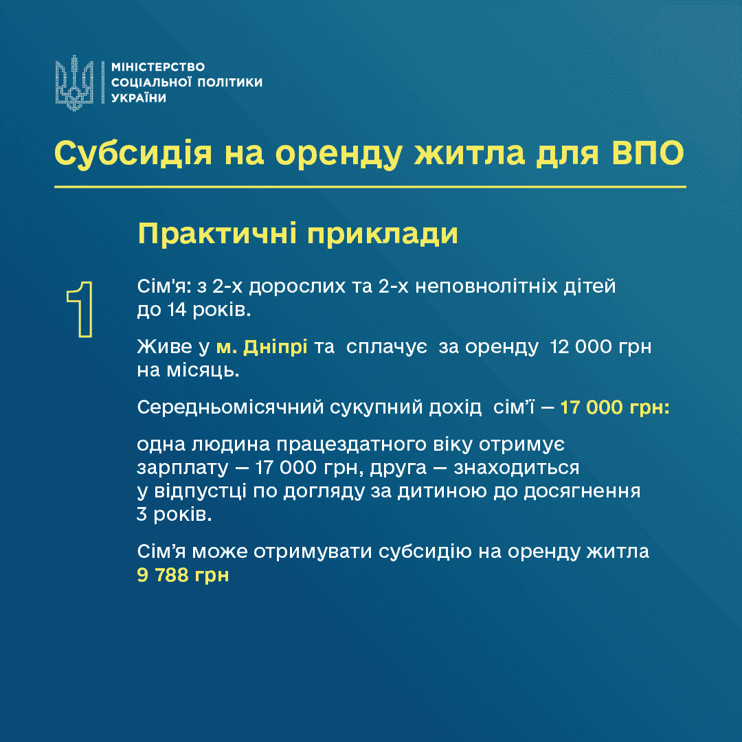 На фото на синьому фоні памʼятка про субсидію на оренду житла для ВПО.  