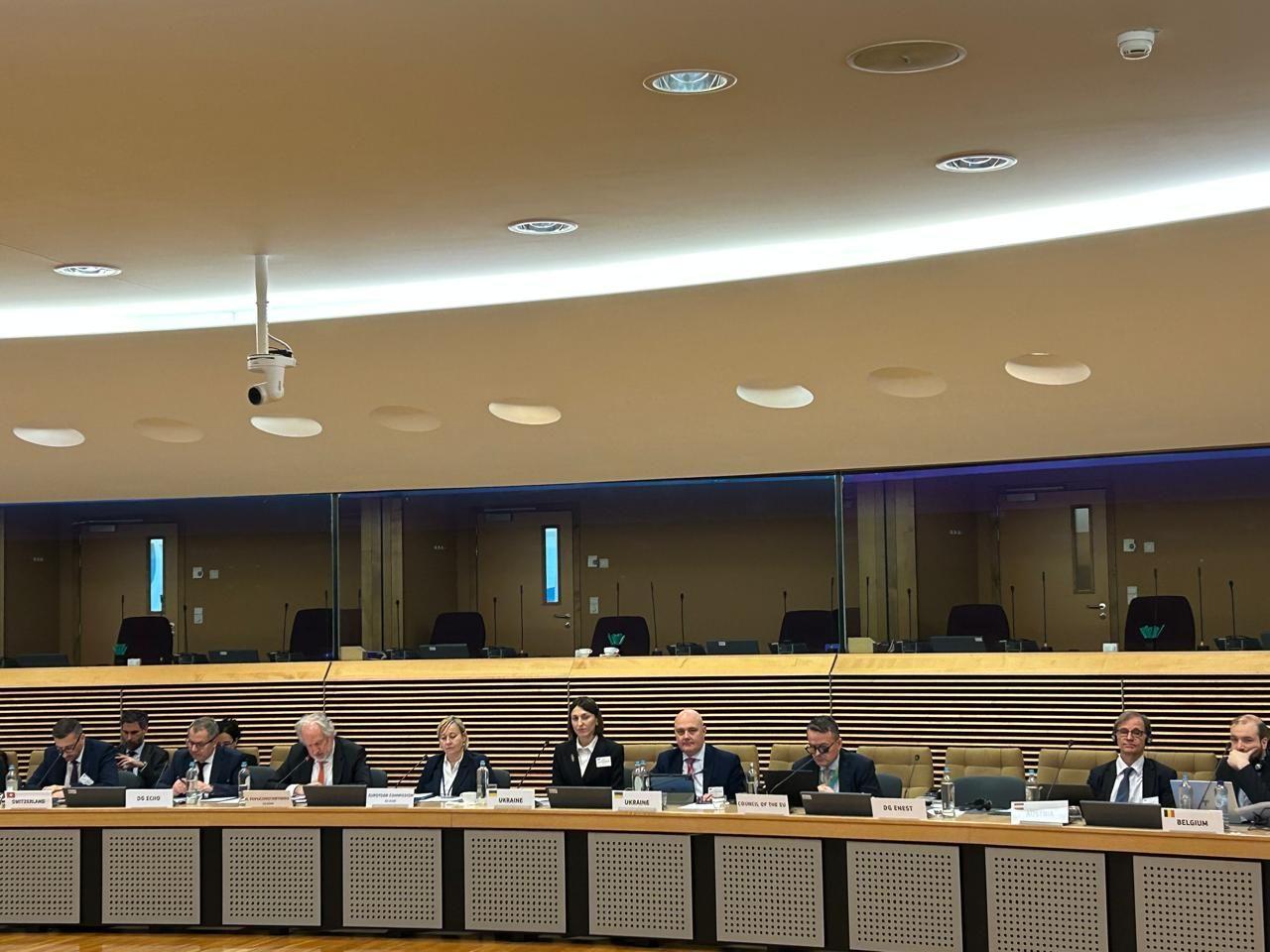 На фото жінка та чоловіки сидять за столом під час заходу 